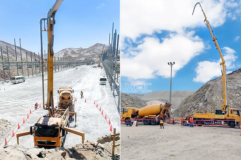 Máy bơm bê tông gắn trên xe tải tại nơi làm việc ở Arequipa, Peru